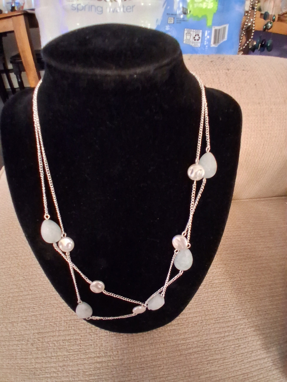 Layered Rose Gold Necklace with White Stone and Pearl Droplets